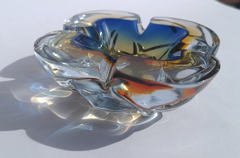 Art Glass Murano/ Glass Bowl/ Murano Glass Ashtray/ Blue Orange Mouth Blown/ Italian Glass Bowl/ 70's image 2