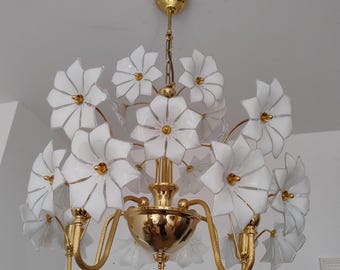 XL Murano Glass Chandelier/ Murano Flower Chandelier/ Mid Century/ Murano Ceiling Light/ Flower Light Fixture/ Hollywood Regency/ 70&#39;s.