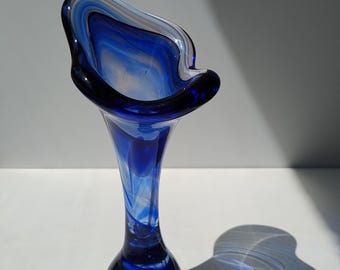 Jarrón vintage de cristal de Murano, soplado a boca, italiano, azul, años 70