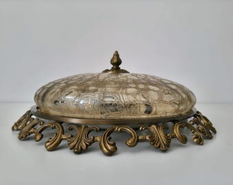 Vintage Brass Flush Mount Ceiling Light/ Textured Glass Shade/ Ornate Hollywood Regency Ceiling Fixture/ Antique Style Lighting
