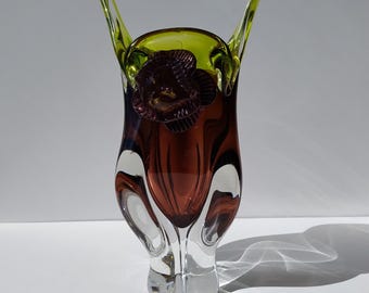 Vintage Glass Vase/ Mouth Blown Glass Vase/ Brown Green Glass Vase/ Mid Century Modern Glass Vase/ Art Glass Vase/ 70s