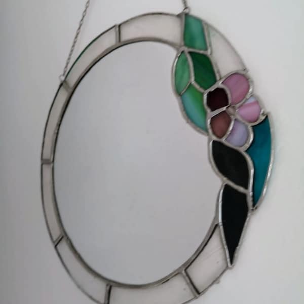 Vintage Floral Glass Mirror/ in Tiffany Style Mirror/ Antique Wall Mirror/ Vitrage Glass Mirror/ Vintage Round Wall Mirror