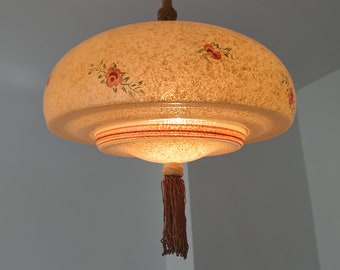 Art Déco/ Lampada a sospensione/ Vetro beige con fiori/ Art Nouveau francese/ Lampadario vintage