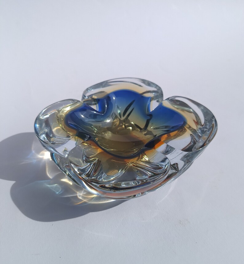 Art Glass Murano/ Glass Bowl/ Murano Glass Ashtray/ Blue Orange Mouth Blown/ Italian Glass Bowl/ 70's image 5