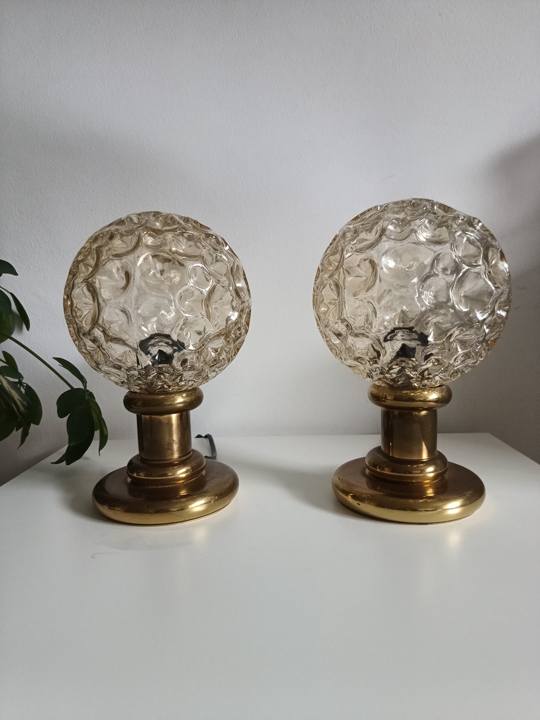 Pair of Vintage Brass Glass Table Lamps/ Bubble Glass Desk Lamps/ Retro