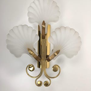 Deknudt Vintage Wall Sconce/ Brass & Frosted Glass Shell Shades/ Hollywood Regency/ Mid Century Modern Wall Lamp/ Belgium/ 70s