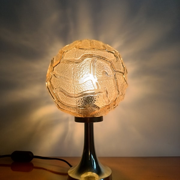 Spherical Vintage Table Lamp/ Textured Glass Brass Tulip Base/ Mid Century/ Space Age Desk Lamp/ Retro Table Lamp
