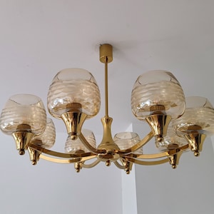 Huge Vintage Brass Chandelier/ Brass Glass Chandelier/ Mid Century/ Eight Arm Chandelier/ Hollywood Regency Light/ 60s