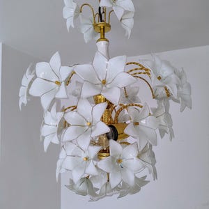 Huge Murano Glass Chandelier/ Murano Flower Chandelier/ Mid Century Murano White Ceiling Light/ Flower Light Fixture/ 1970&#39;s.