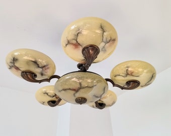 XL Art Deco Chandelier/ Vintage Retro Pendant Light/ Bronze Glass Ceiling Light/ Antique Nouveau