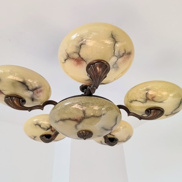 XL Art Deco Chandelier/ Vintage Retro  Pendant Light/ Bronze Glass Ceiling Light/ Antique Nouveau