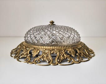 Vintage KABO Flush Mount Ceiling Light/ Hollywood Regency Glass & Brass Plafonnier/70s