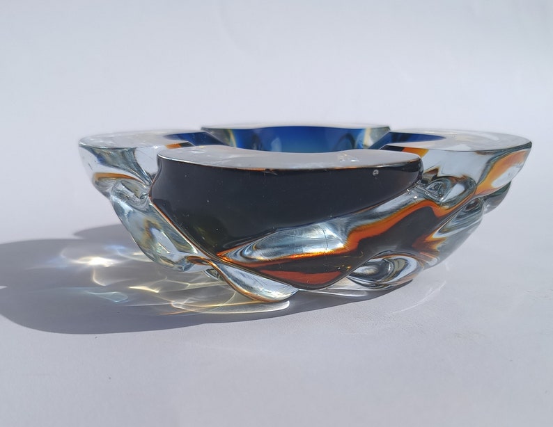 Art Glass Murano/ Glass Bowl/ Murano Glass Ashtray/ Blue Orange Mouth Blown/ Italian Glass Bowl/ 70's image 8