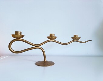 Mid Century Modern Metal Sculptural Candle Holder/ Wavy Squiggle 3-armed Candelstick Holder/ Mettal Candelabra/ 1980