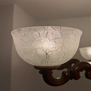 May include: A close-up of a frosted glass lampshade with a textured surface. The lampshade is attached to a brown metal lamp fixture.