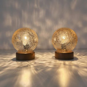 Pair of Textured Glass and Wood Spherical Bedside Lamps/ Mid Century Modern Desk Lamps/ Vintage Glass Table Lamps/ Briloner Leuchten/Germany