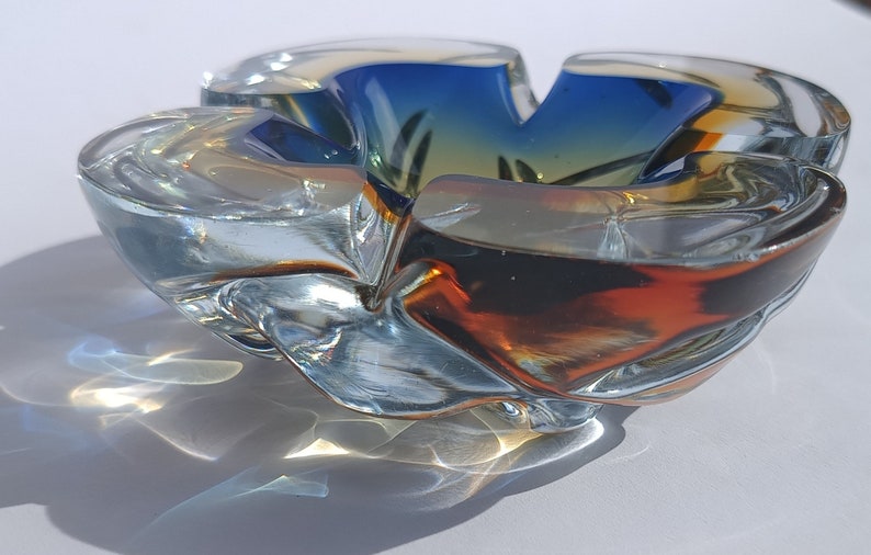 Art Glass Murano/ Glass Bowl/ Murano Glass Ashtray/ Blue Orange Mouth Blown/ Italian Glass Bowl/ 70's image 6