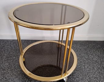 1 of 2 Mid Century Brass Smoked Glass Serving Trolley/ Hollywood Regency Bar Cart/ Vintage Rolling Bar/ Serving Cart/ Gold Coctail Trolley