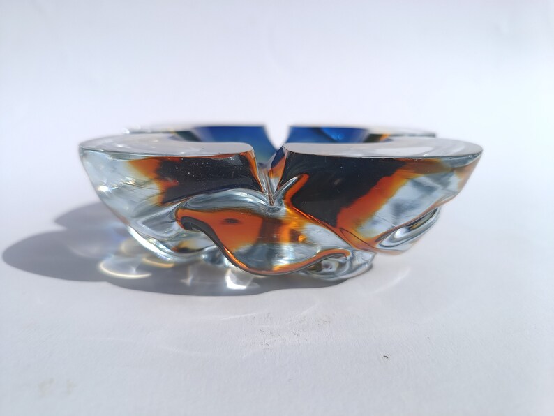 Art Glass Murano/ Glass Bowl/ Murano Glass Ashtray/ Blue Orange Mouth Blown/ Italian Glass Bowl/ 70's image 3