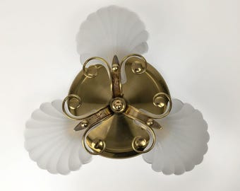 Deknudt Vintage Ceiling Light/ Brass & Frosted Glass Shell Shades/ Hollywood Regency / Mid Century Modern Ceiling Lamp/ Belgium/ 70s