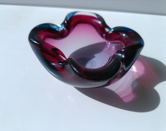 Art Glass Murano/ Glass Bowl/ Murano Glass Ashtray/ Purple Blue Mouth Blown/ Italian Glass Bowl/ 70's