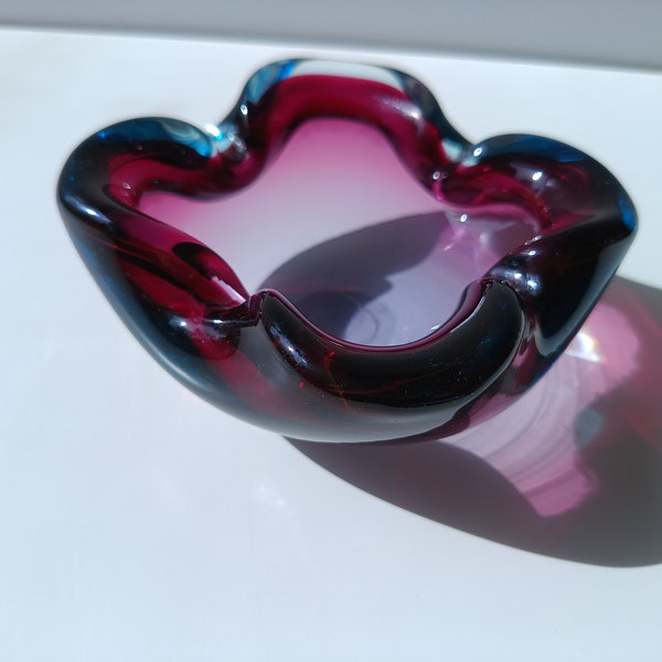 Art Glass Murano/ Glass Bowl/ Murano Glass Ashtray/ Purple Blue Mouth Blown/ Italian Glass Bowl/ 70's