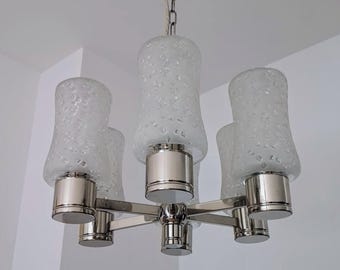 Vintage Chrome Textured Glass Chandelier/ Mid Century Modern Ceiling Light/ Chrome Pendant/ Sputnik Ceiling Lamp/ Germany/ 70s