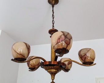 Art Deco Solid Brass Copper Chandelier/ Art Deco Pendant/ Antik Glass Ceiling Light/ 1920