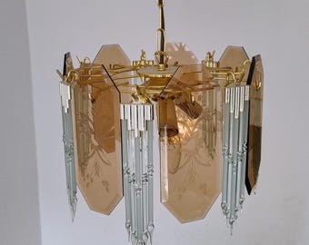 Mid Century Modern Glass Chandelier/ Vintage Brass Glass Pendant/ Fontaine Chandelier/ Germany/ 80&#39;s