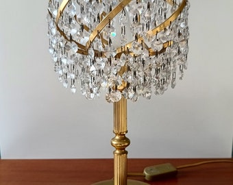 Halverwege de eeuw moderne messing kristallen tafellamp/Holywood Regency bureaulamp/vintage kristallen tafellamp/kristallen tafellamp
