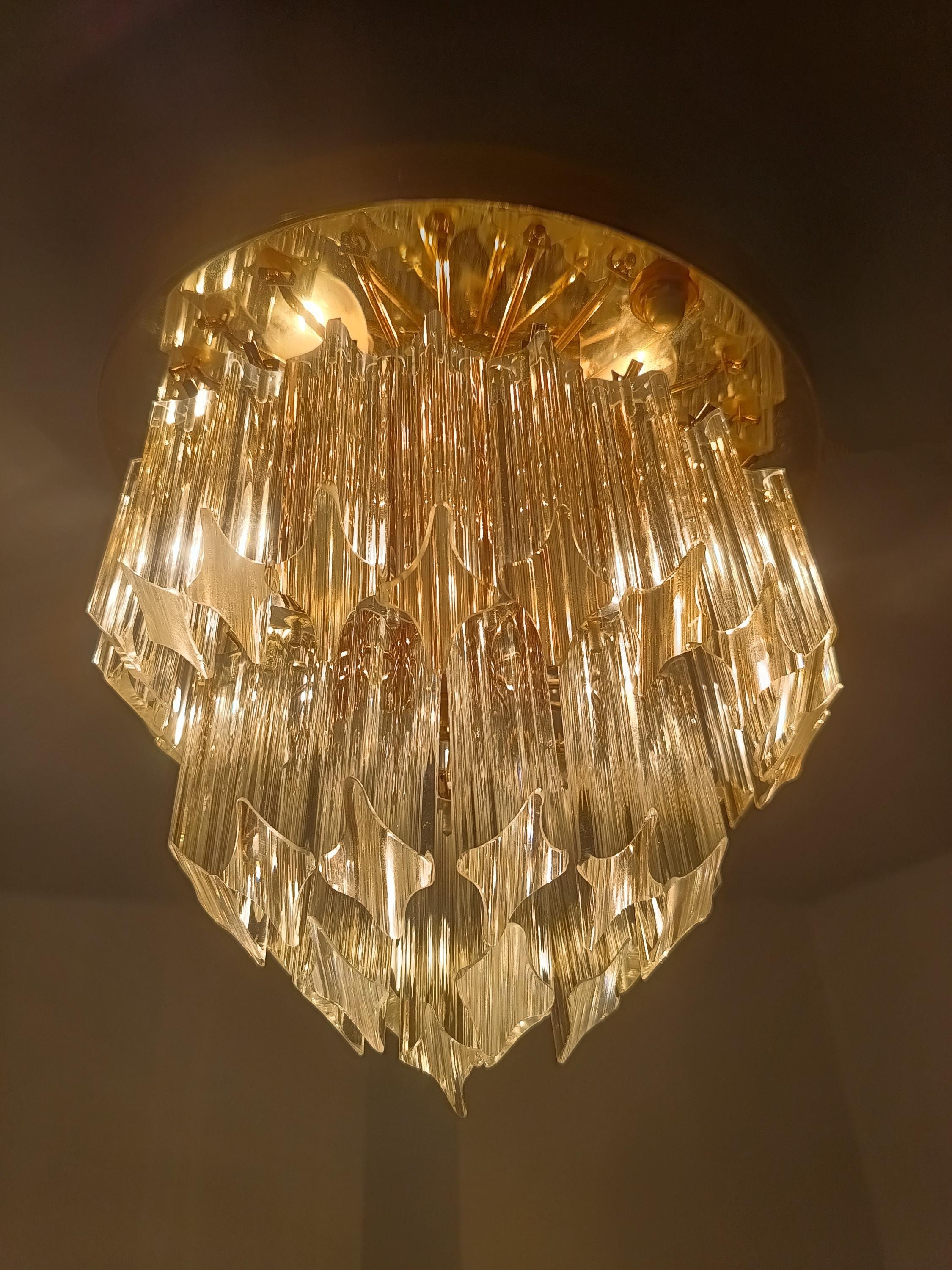 Grand Lustre Cascade Fleurs De Murano - Attribué à Venini - Vintage Italien