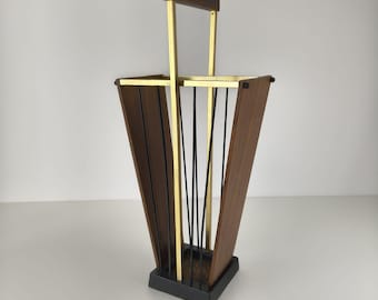 Mid Century Modern Umbrella Stand/ Brass Wood & Black Metal Magazine Rack Style/Vintage Entryway Organizer/ Atomic Danish Modern Decor