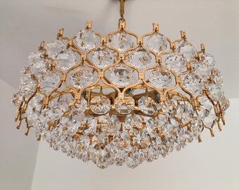 Large Mid Century Modern Brass and Crystal Glass Chandelier/ Hollywood Regency Chandelier/ by Palwa/ Germany/ 1960s