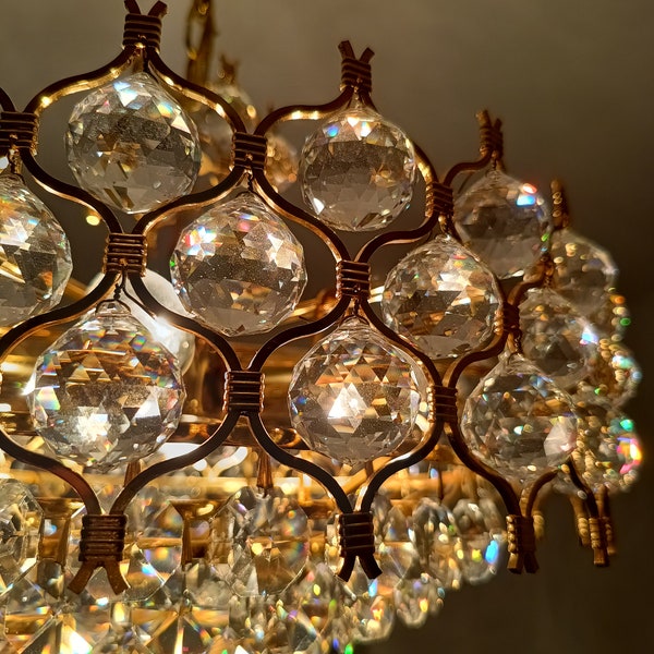 Large Mid Century Modern Brass and Crystal Glass Chandelier/ Hollywood Regency Chandelier/ by Palwa/ Germany/ 1960s
