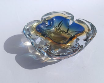 Art Glass Murano/ Bol en verre/ Cendrier en verre de Murano/ Bleu Orange Soufflé à la bouche/ Bol en verre italien/ Années 70