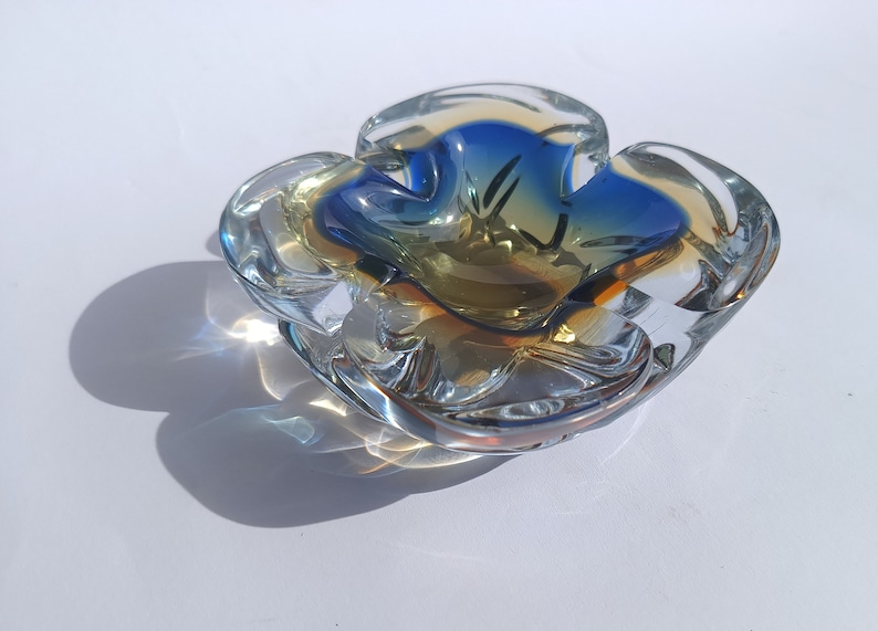 Art Glass Murano/ Glass Bowl/ Murano Glass Ashtray/ Blue Orange Mouth Blown/ Italian Glass Bowl/ 70's image 1