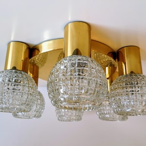 Hollywood Regency Chandelier/ Vintage Pendant Light/ Brass Glass Light Fixture/ Mid Century/ Ceiling Light/ 1970s.