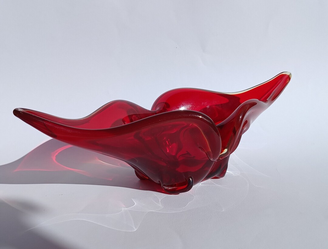 Mid Century Modern Glass Bowl/ Red Mouth Blown Glass Bowl/ Etsy