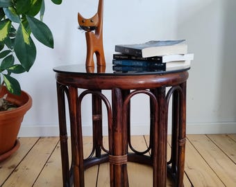 Mid Century Modern Ratan Side Table or Coffee Table/ Vintage Smoked Glass Sidetable/Ratan Round Coffee Table/ 70s