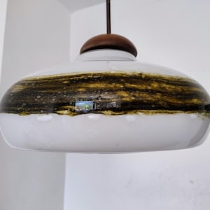 Mid Century Modern Glass Wood Pendant/ White Glass Light Fixture/ Vintage Glass Globe Pendant/ by Doria/ Germany/ 1970&#39;s