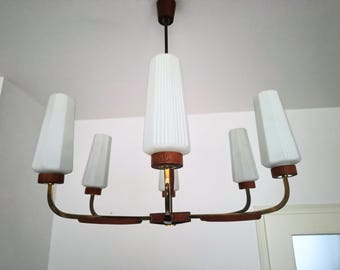 Teak Brass Opal Glass Chandelier/Mid Century Modern Spider Chandelier/ Sputnik Ceiling Lamp/ Scandinavian/ Danish Design Chandelier