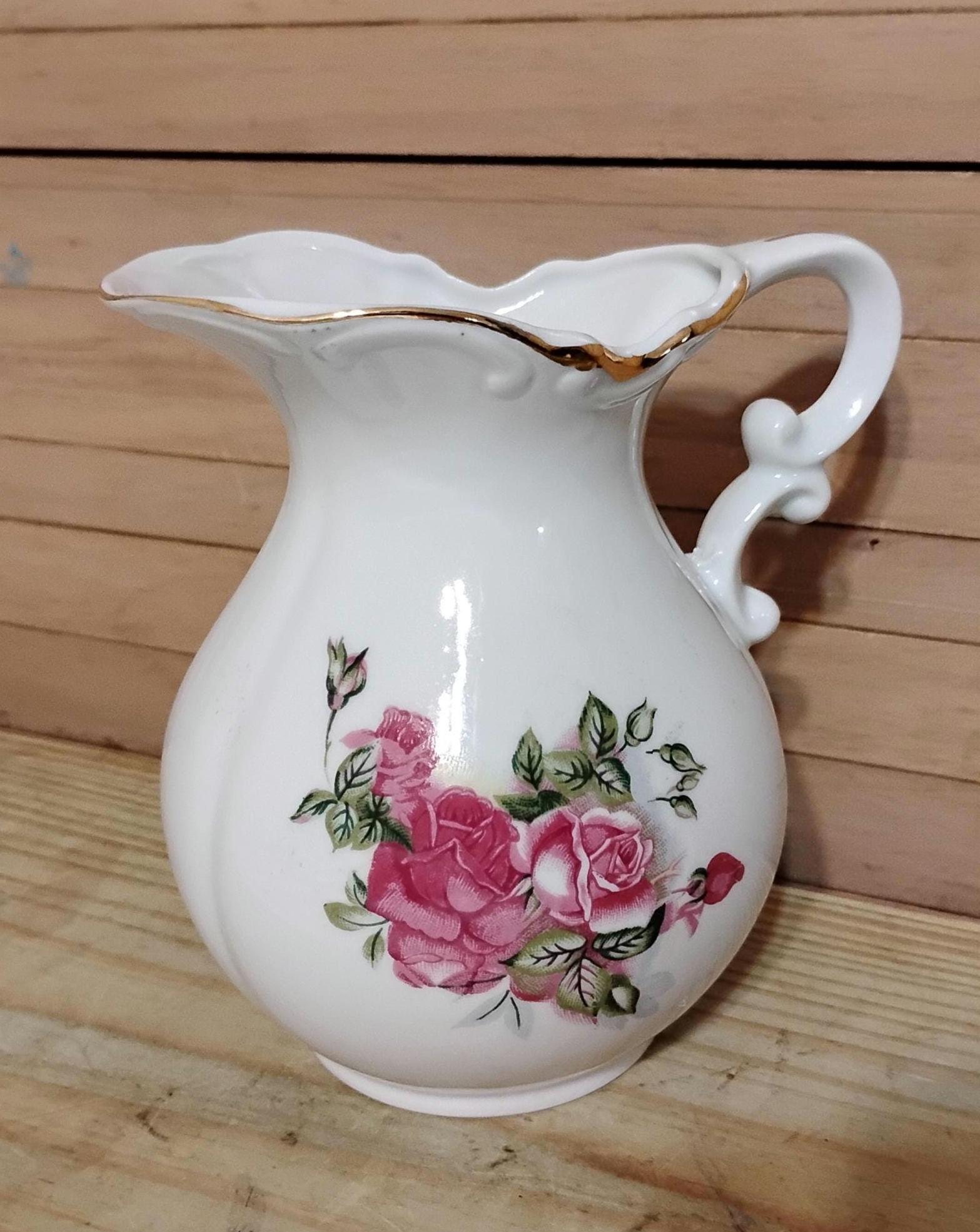 レフトン磁器ピッチャー ピンクの花 日本製磁器ピッチャー 6インチ