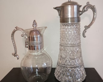 Vintage Italian silver and crystal glass serving pitcher and  silver plated crystal glass tea pot