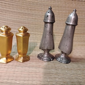Antique salt and pepper shakers gold gilded and pewter two pairs Picard salt and pepper shakers