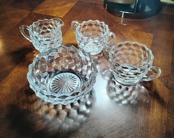 Juego de té de cristal Fostoria vintage con bombonera, juego de 4 piezas