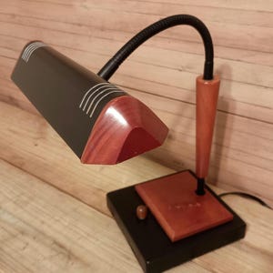Bankers lamp desktop lamp florescent bulb metal and wood MCM decor