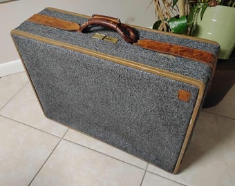 Vintage Hartmann luggage rawhide leather and tweed suitcase 26x19.5x8 inches