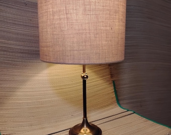 Vintage brass MCM table lamp with oatmeal linen drum shade