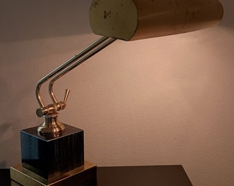 Lampe de banquier base marbre onyx et laiton deux lumières réglables