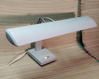 Lámpara de escritorio vintage de metal gris con cuello de cisne y dos bombillas fluorescentes, procedente de Japón.